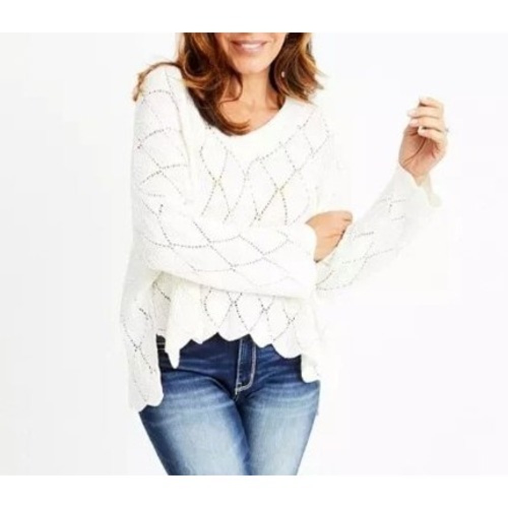 Daytrip Oversized V neck pointell knit sweater Women SZ Lg Ivory Beachy Coastal
